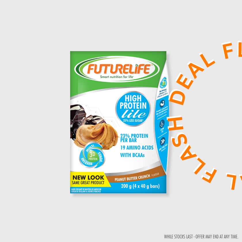 Futurelife high protein lite peanut butter crunch bar in green white blue pack with chocolate and peanut butter images multipack flash deal