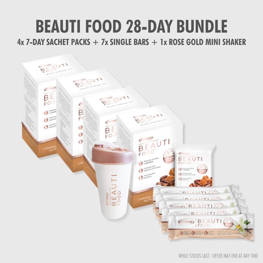 White and rose gold mini shaker for Beauti Food 28-day bundle