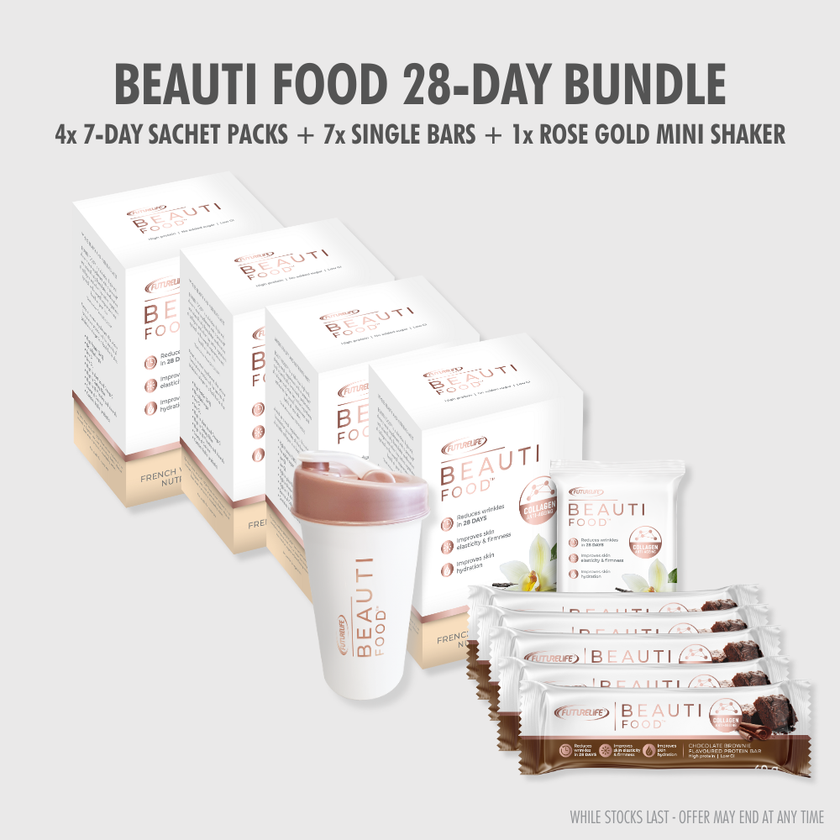 Rose gold mini shaker with white body in Beauti Food Vanilla + Choc Brownie bundle