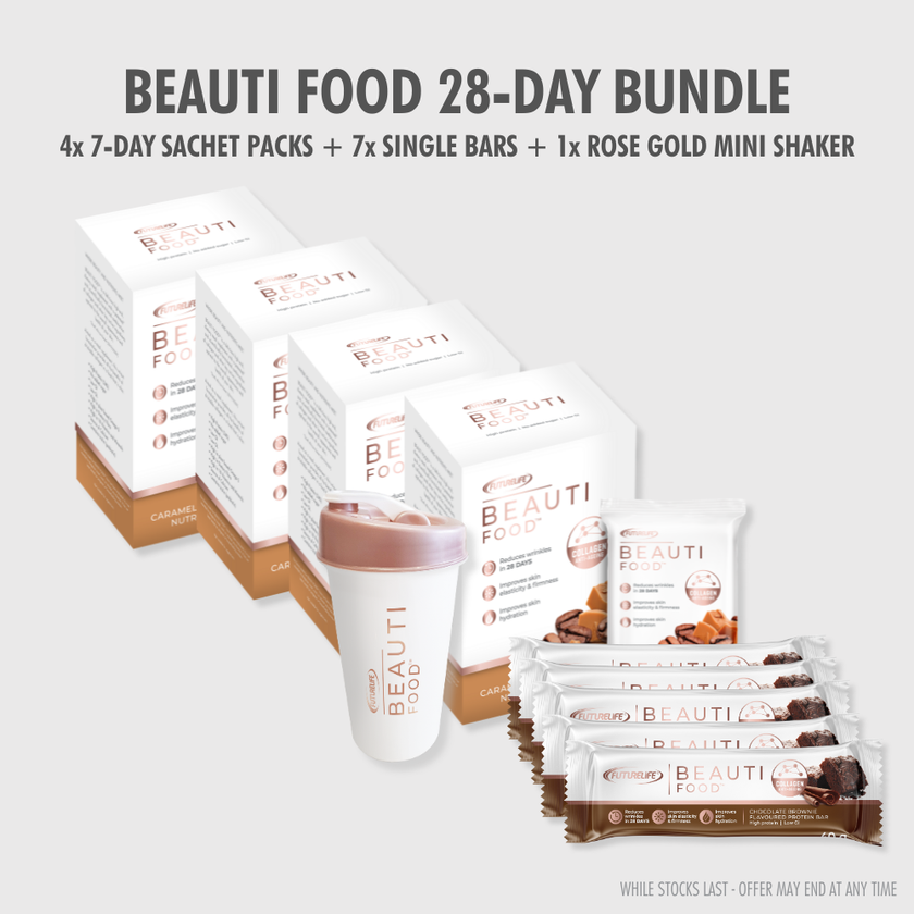 Beauti Food 28-day value pack bundle in caramel latte and choc brownie flavors