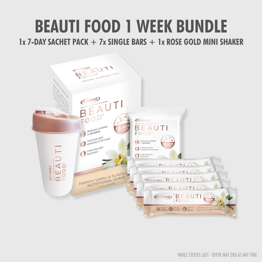 Rose gold mini shaker with white body and pink lid in Beauti Food Vanilla pack