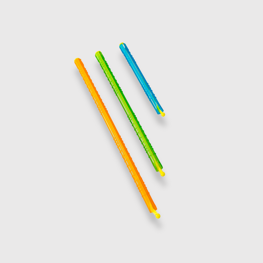 Three colorful Slide & Seals: orange, green, blue with yellow ends