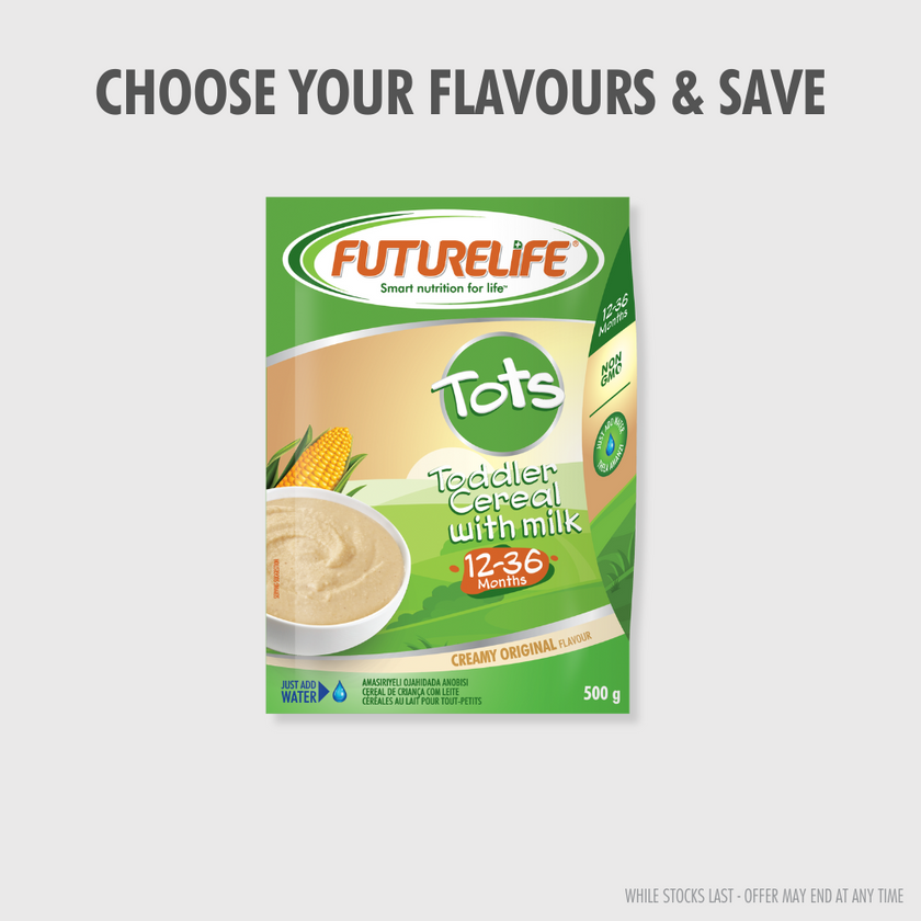 Futurelife Tots Original 500g toddler cereal with milk, creamy flavor
