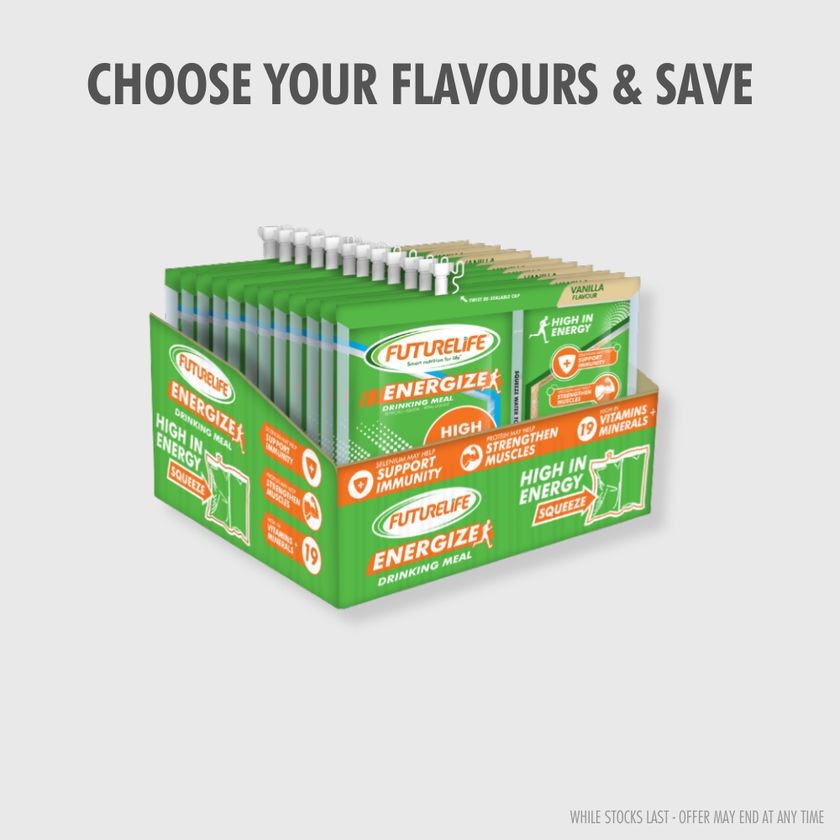 Green and orange Futurelife Energize packets in vanilla shake box