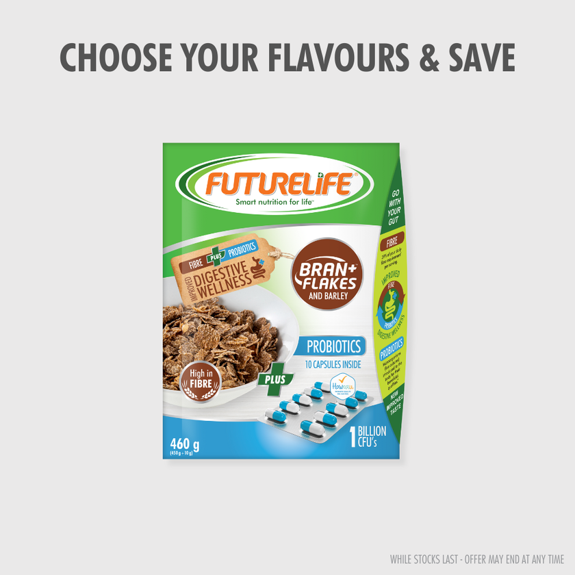 Futurelife Bran Flakes and Barley cereal box, 460g, green white blue packaging