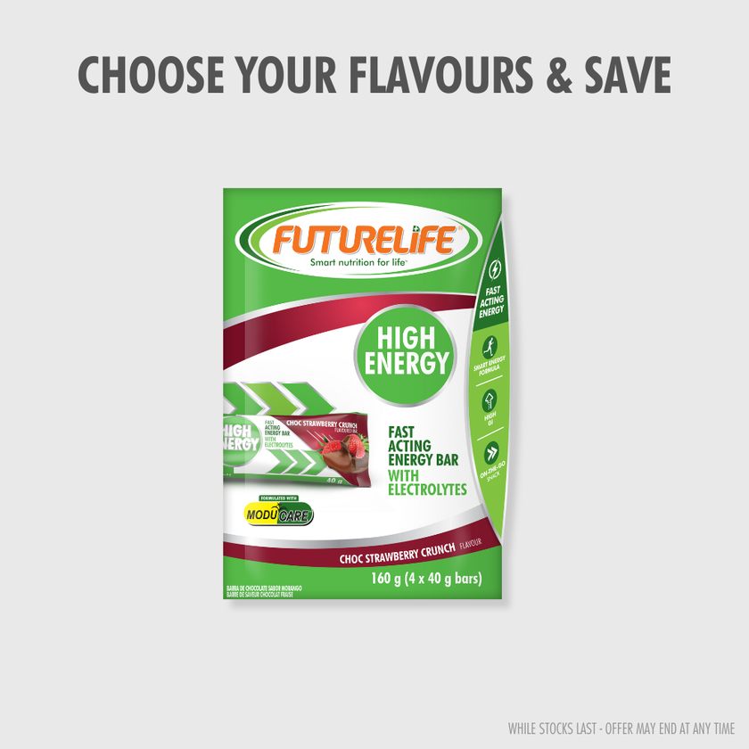Green and white Futurelife High Energy Bar multipack, Choc Strawberry Crunch flavor