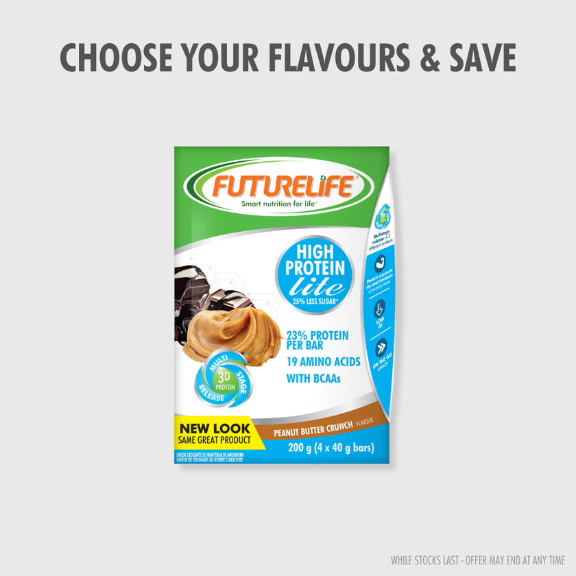 Futurelife High Protein Lite Peanut Butter Crunch Bars multipack in green white blue packaging with chocolate and peanut butter images