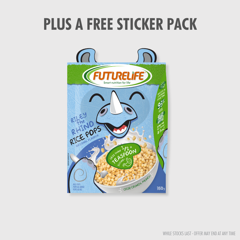 Colorful FutureLife Rice Pops cereal box with smiling blue rhino Riley