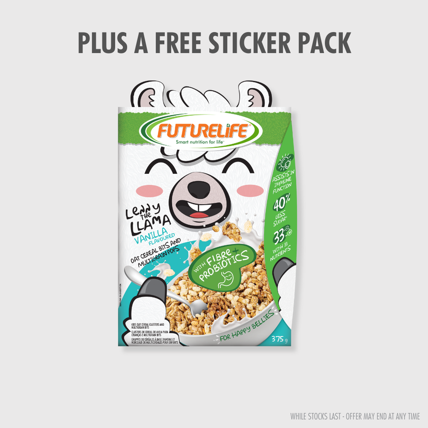 Colorful Futurelife Kids Oat Cereal Bits and Multigrain Pops - Vanilla box with cartoon llama