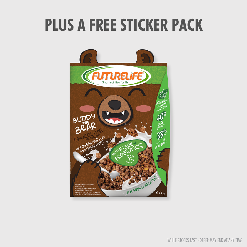 Brown and green Buddy the Bear Chocolate Oat Cereal Bits box by Futurelife