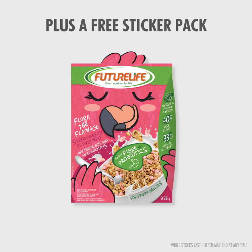 Pink and green FutureLife Flora the Flamingo strawberry oat cereal box