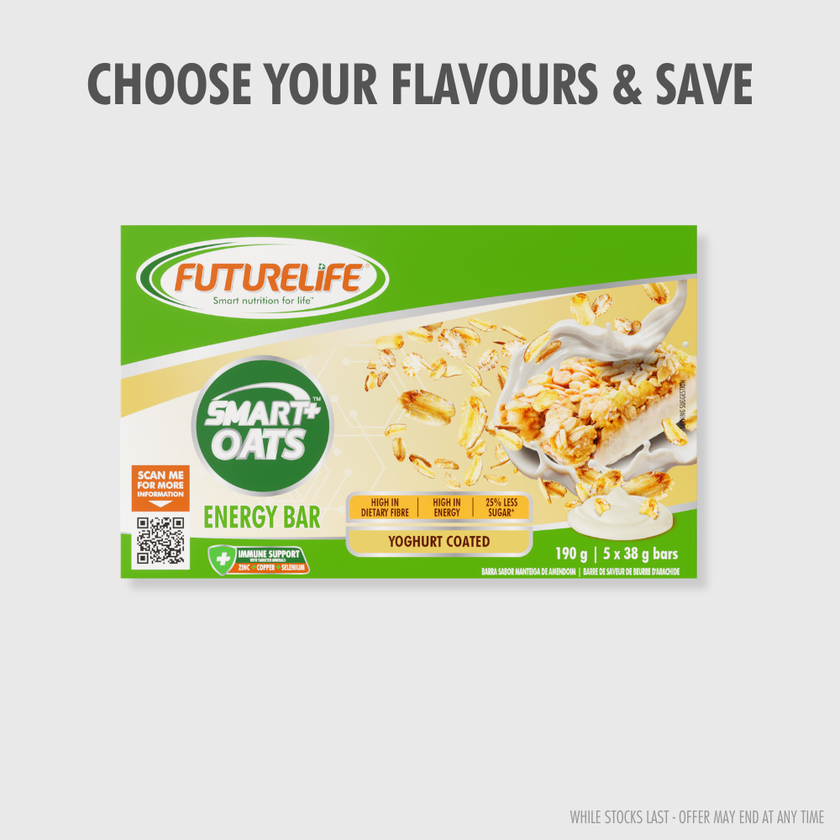 Green and beige FutureLife Smart Oats energy bar, yoghurt-coated with oat and milk splash, multipack