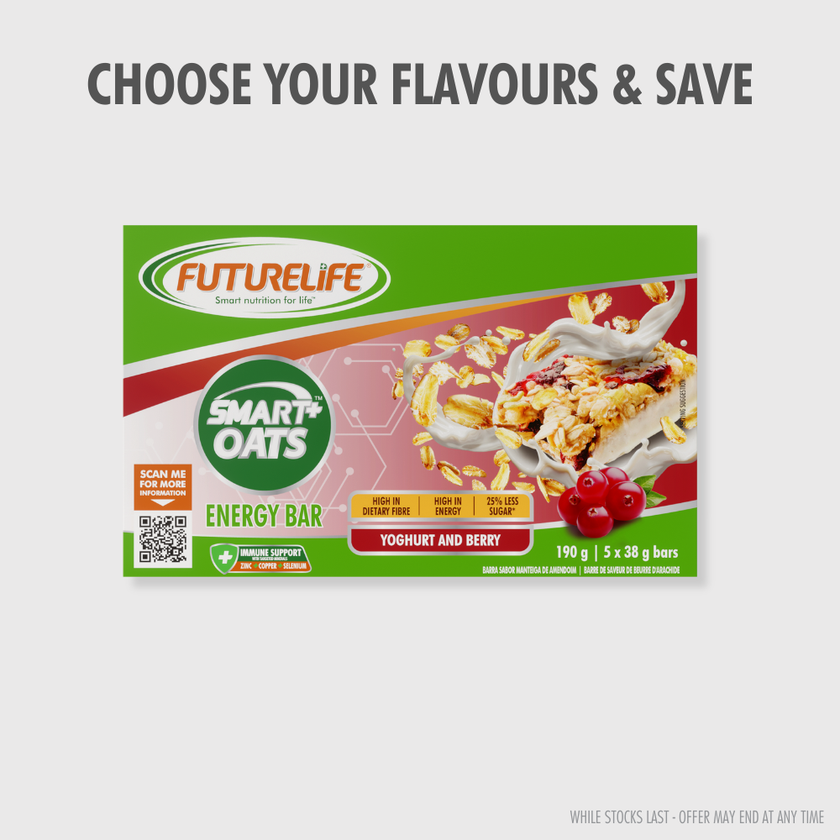 Green and red Futurelife Smart Oats Energy Bar in yogurt and berry flavor multipack