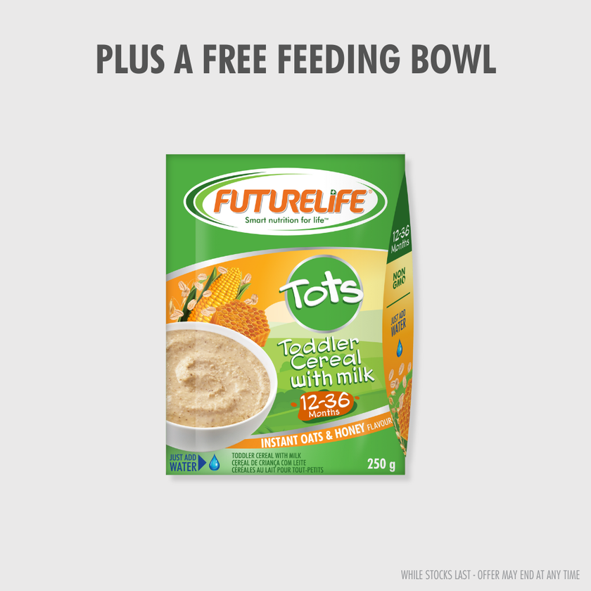 Green and orange FutureLife Tots Oats & Honey toddler cereal with milk, 250g