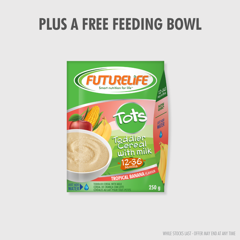 Green and pink FutureLife Tots tropical banana cereal with milk, 250g