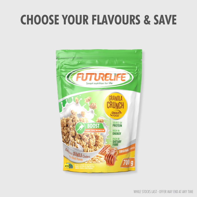 Green and white Futurelife Granola Crunch 700g Original pouch with honey