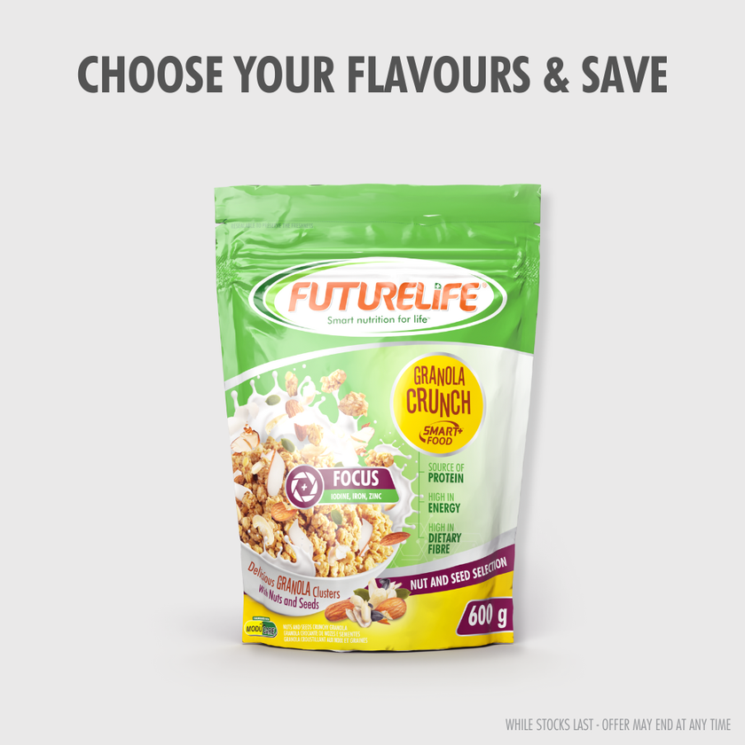 Green and yellow FutureLife Granola Crunch 600g nut and seed smart food pouch