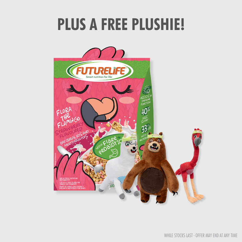 Pink and green Futurelife Kids Strawberry Oat Cereal box with flamingo