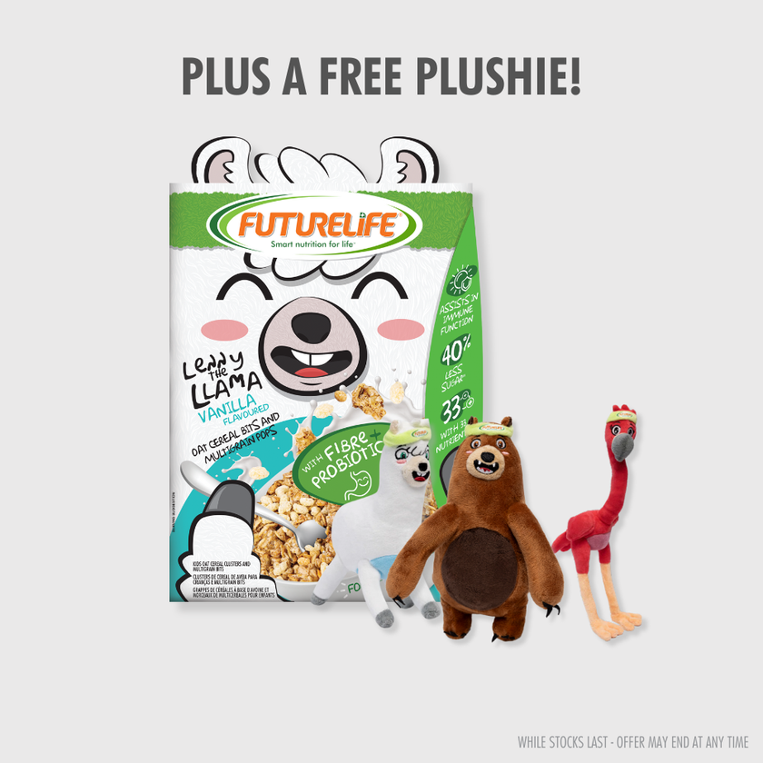 Futurelife vanilla oat cereal box with cartoon llama on green white pack