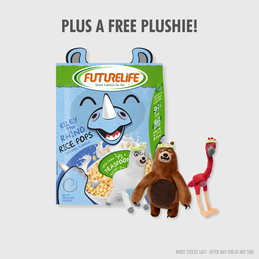 Blue and green Futurelife Rice Pops cereal box with smiling rhino Riley
