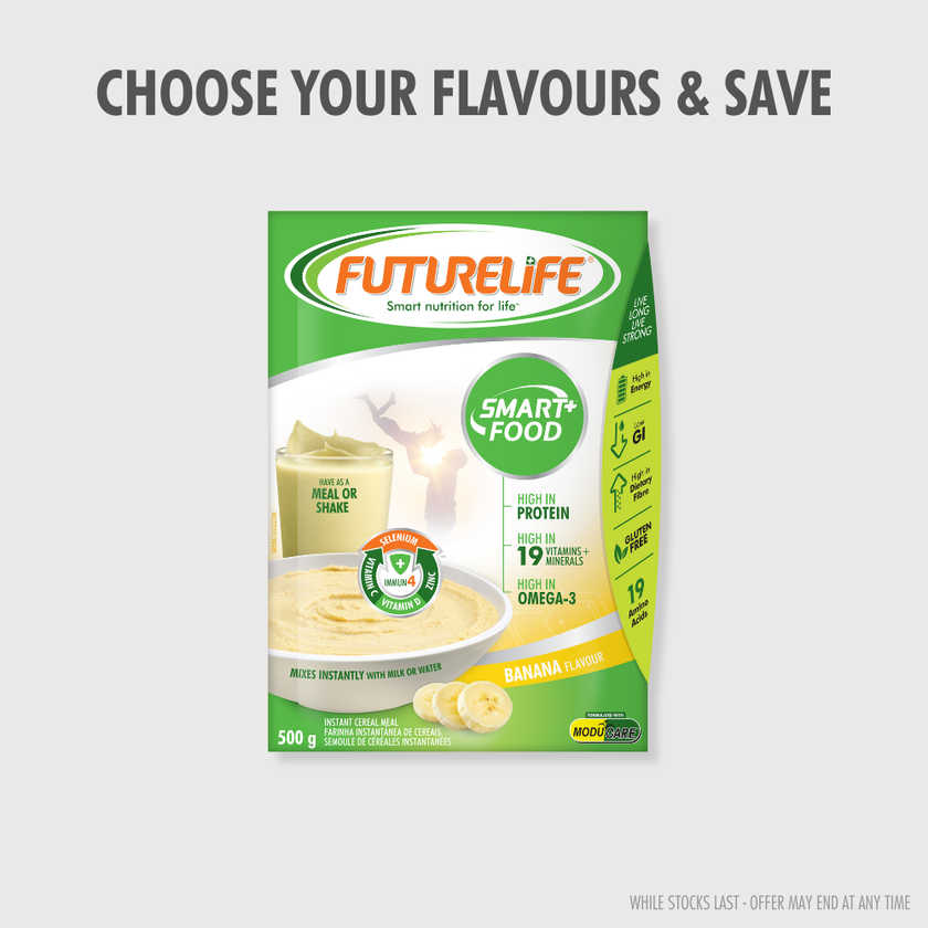 Green and white Futurelife Smart+ banana flavor cereal pack, 500g