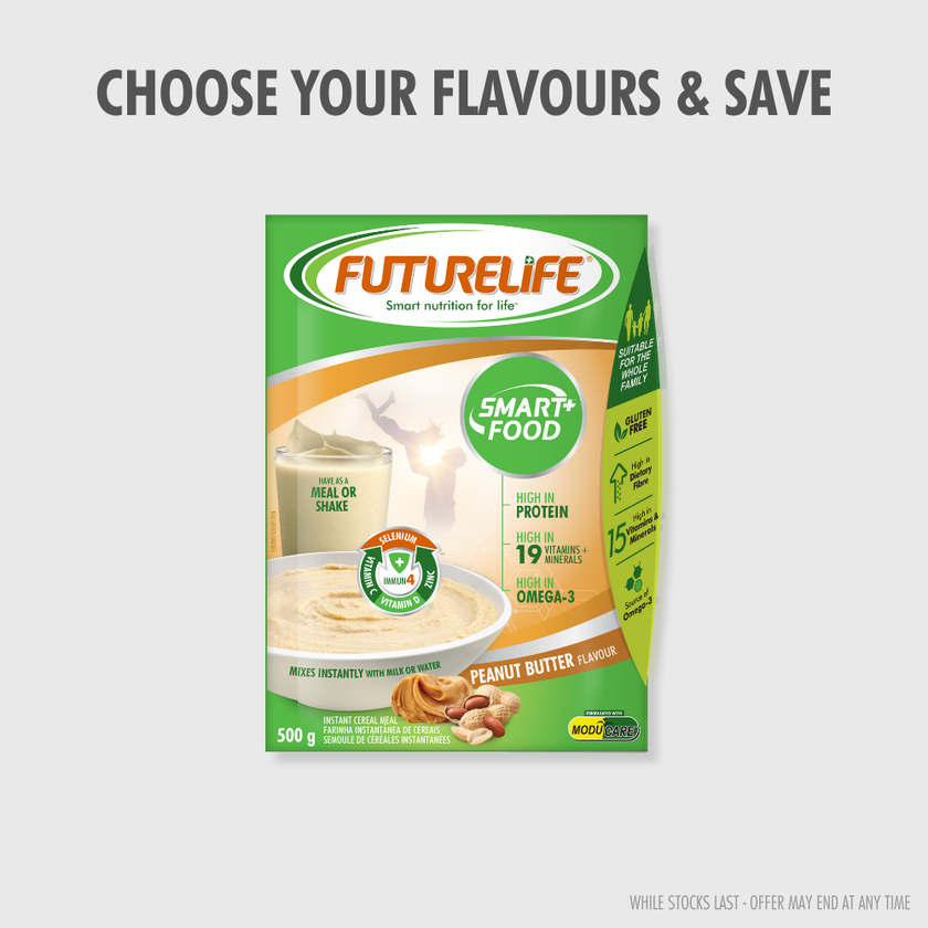 FutureLife Smart+ Peanut Butter 500g instant cereal pack, green and orange