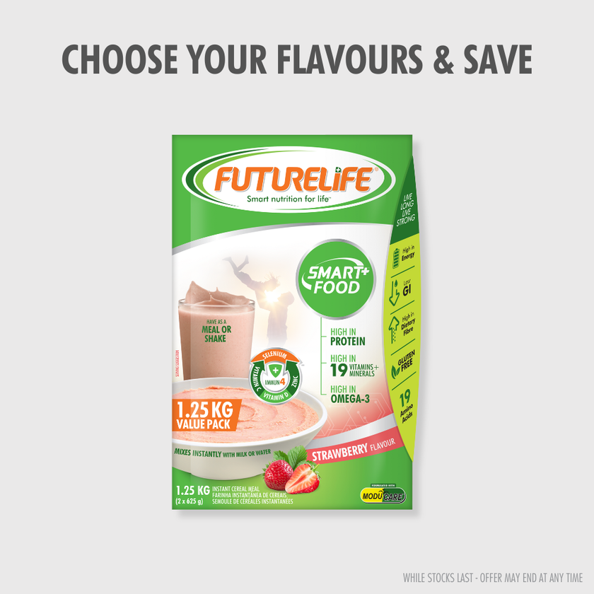 Strawberry FutureLife Smart+ instant cereal meal, 1.25kg green white package