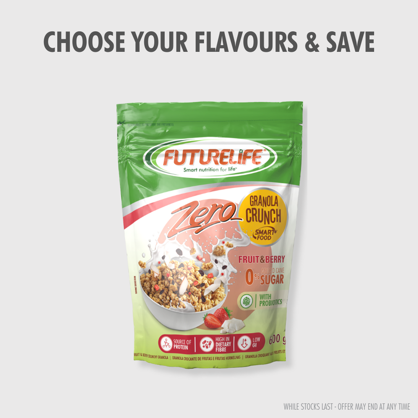 Green and white FutureLife Zero Granola Crunch Fruit & Berry 600g pouch