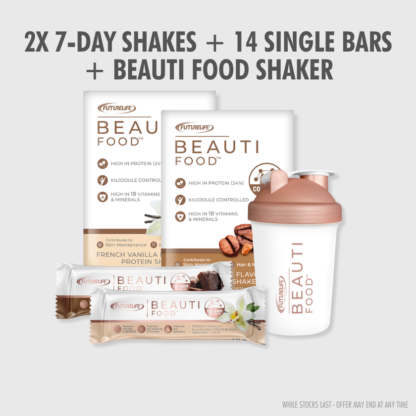 White and rose gold Beauti Food shaker in 14-day value pack