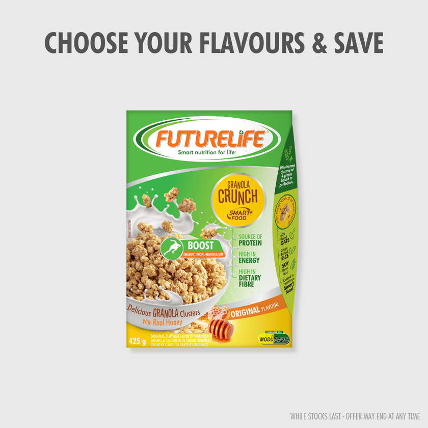 Green and yellow box of Futurelife Granola Crunch Original Boost 425g cereal with granola clusters in milk