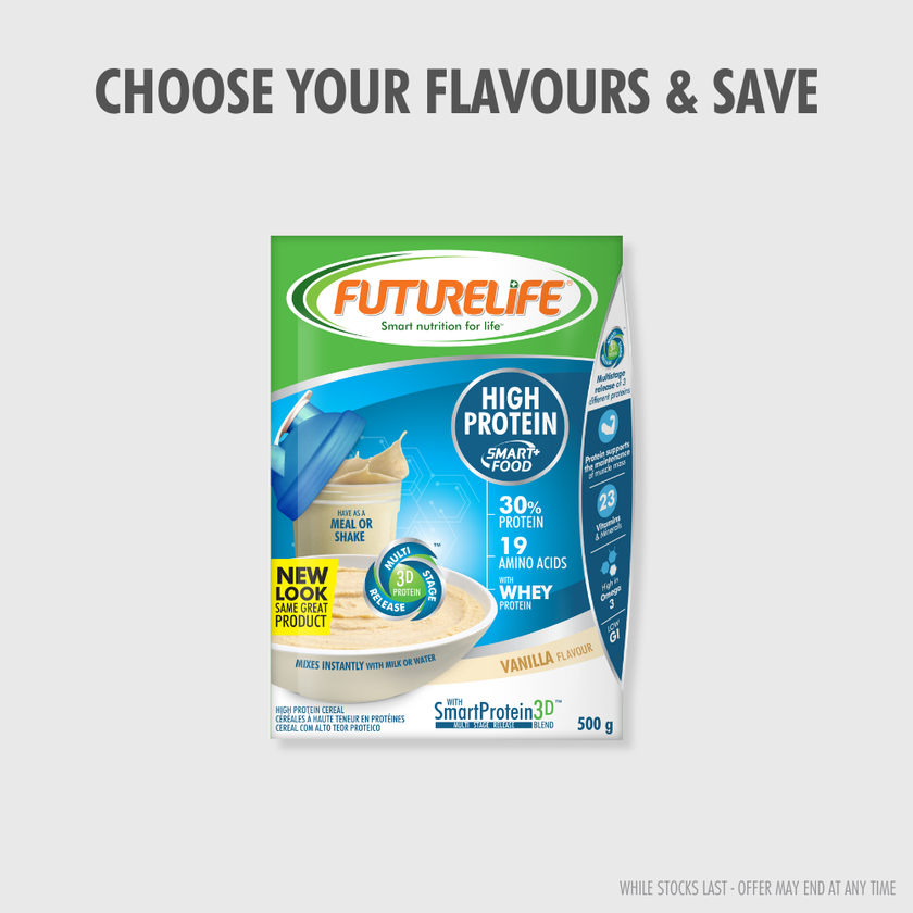 Vanilla FutureLife SmartProtein30 high-protein cereal, 500g green-blue pack