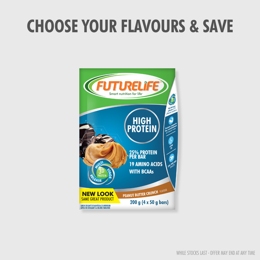 Futurelife high protein peanut butter crunch bars multipack in green blue package