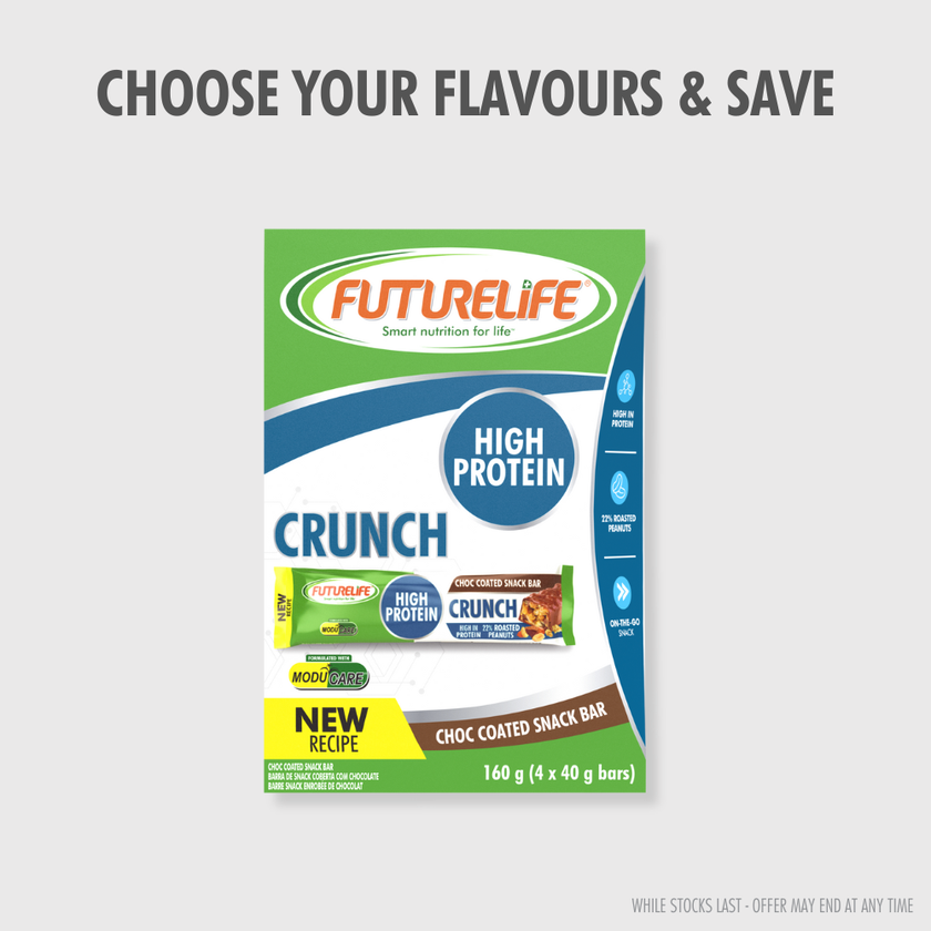 Futurelife high energy protein crunch bar choc coated multipack with green white packaging and blue logo