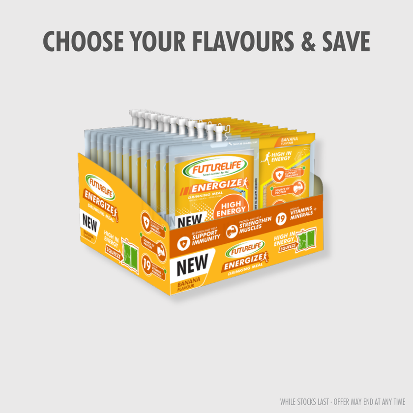 Bright yellow and white FutureLife Energize banana energy shots in retail tray