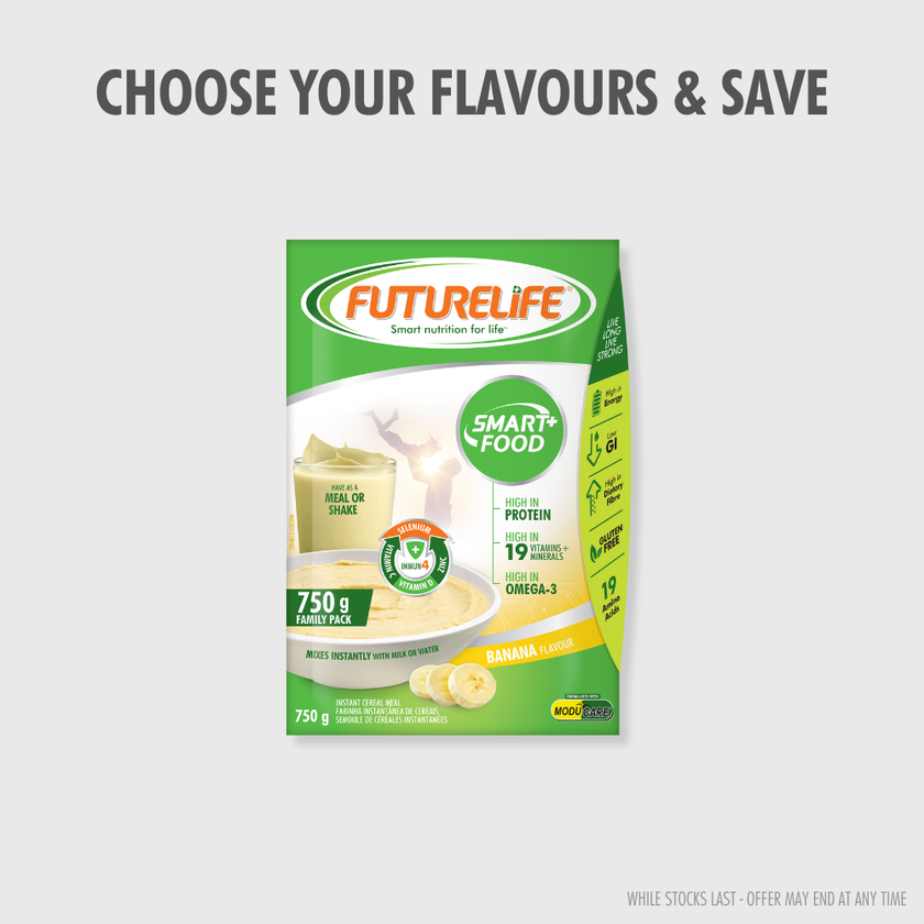 Green and white FutureLife Smart Food banana-flavored cereal packet, 750g