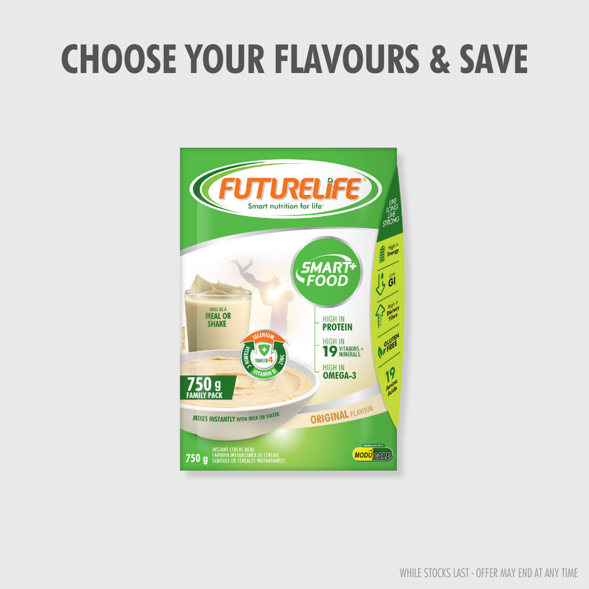 Green and white FutureLife Smart+ Original 750g meal powder package