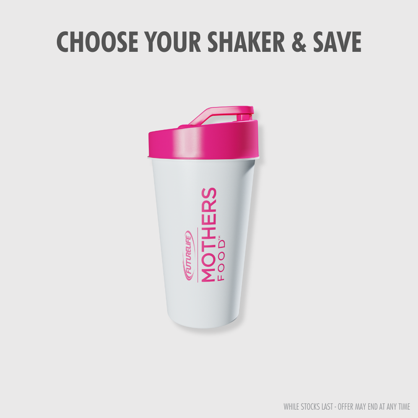 MOTHERS FOOD Shaker with white plastic body and vibrant pink lid