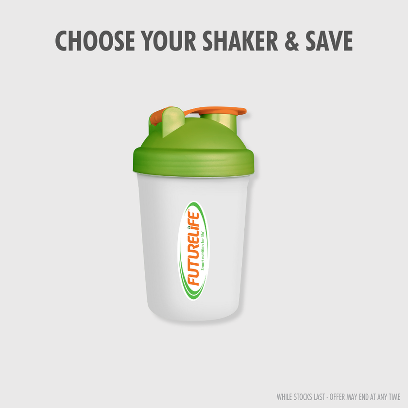 White Smart Food Shaker bottle with green lid and orange cap