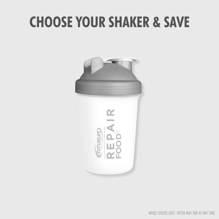 White REPAIR FOOD™ Shaker with gray lid and FutureLife branding