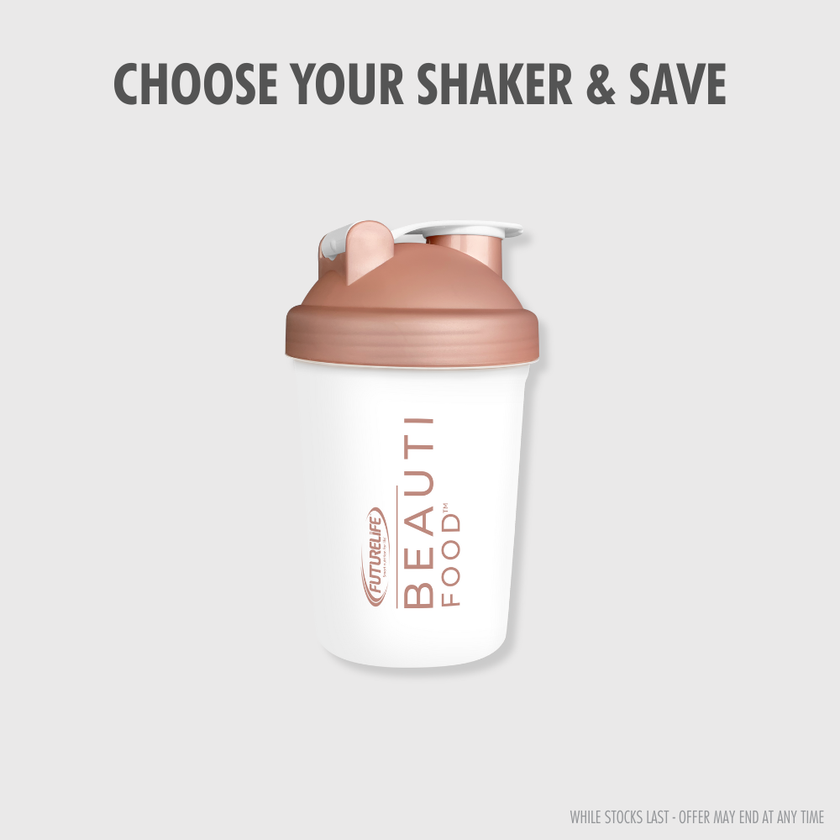 BEAUTI FOOD™ Shaker: white plastic bottle with rose gold lid and cap