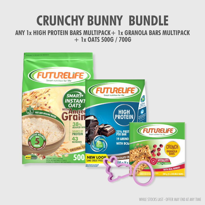 Futurelife Crunchy Bunny Bundle with green blue protein bar, berry granola, oats