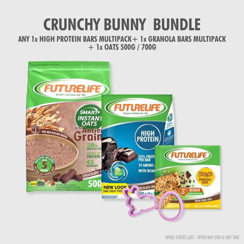 Crunchy Bunny Bundle - Chocolate: green/blue Futurelife high-protein bars, oats
