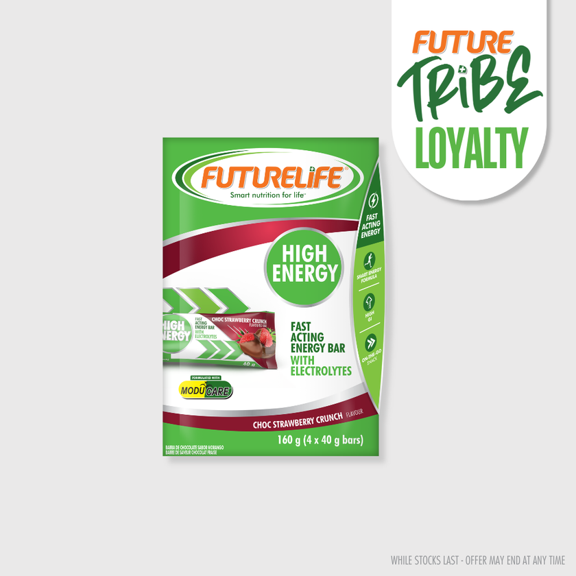 FutureLife High Energy Bar Choc Strawberry Crunch multipack, green white packaging