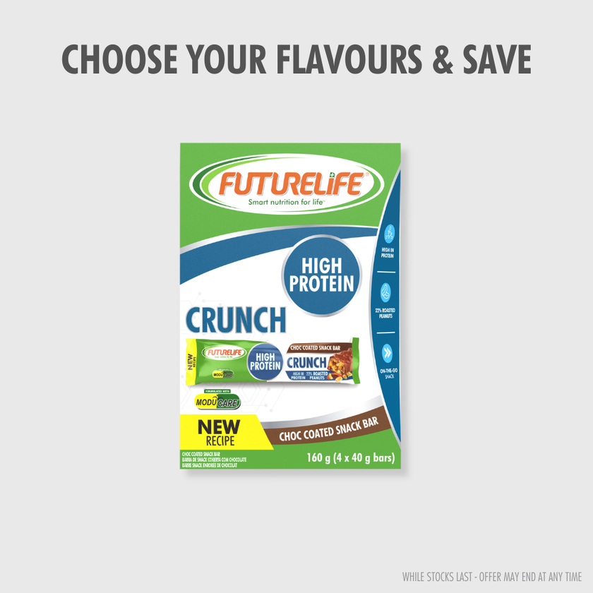 Green and white FutureLife Crunch high protein chocolate-coated snack bar multipack