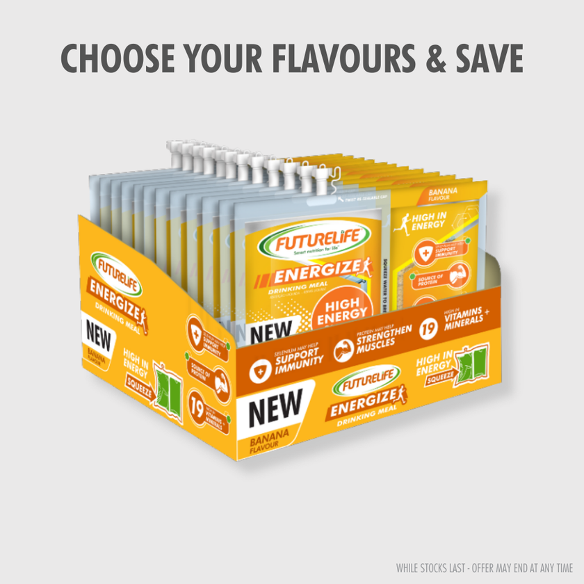 Energize High Energy Shake Banana pouches in bright yellow retail box