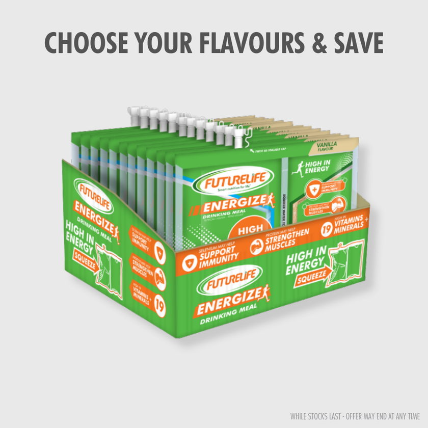 Green and orange Futurelife Energize meal packets in Vanilla shake box
