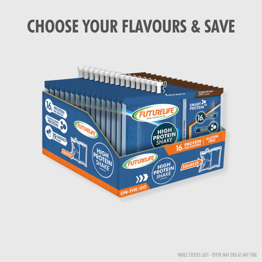 Futurelife high protein Belgian chocolate shake packets in blue orange box