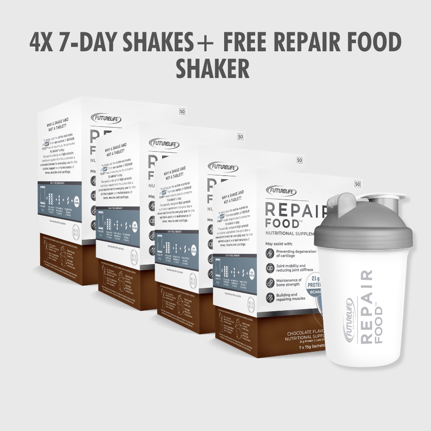 White and gray Futurelife Repair Food shaker in 28-Day Repair Food Chocolate bundle