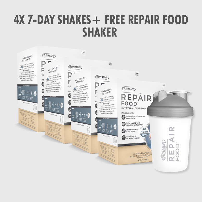 White and gray Futurelife Repair Food shaker in 28-Day Repair Food Vanilla bundle