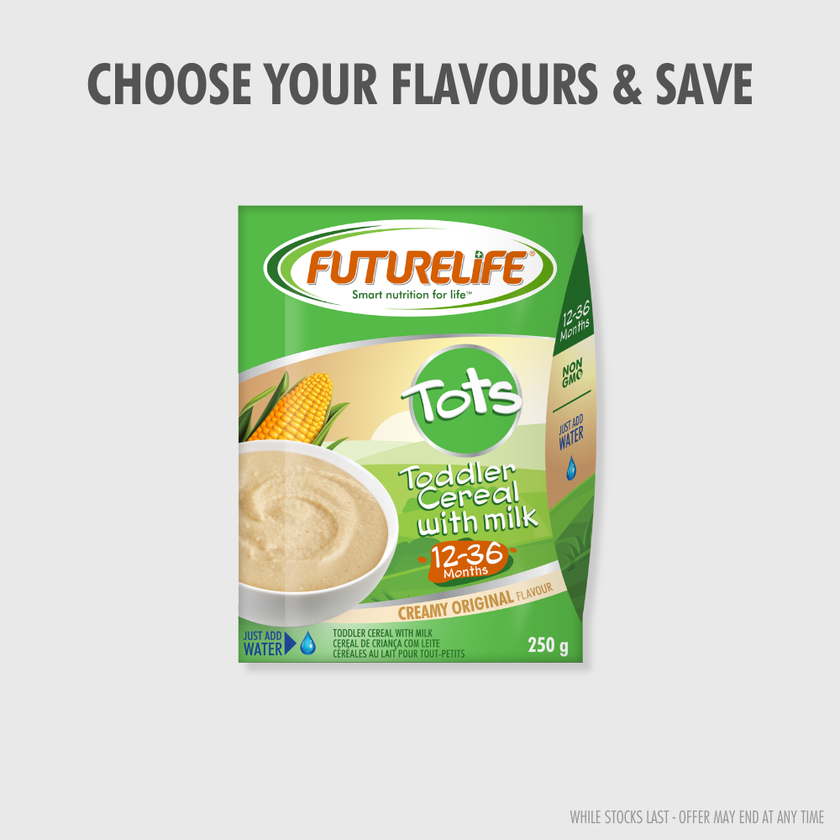 Futurelife Tots Original 250g green beige cereal package with milk